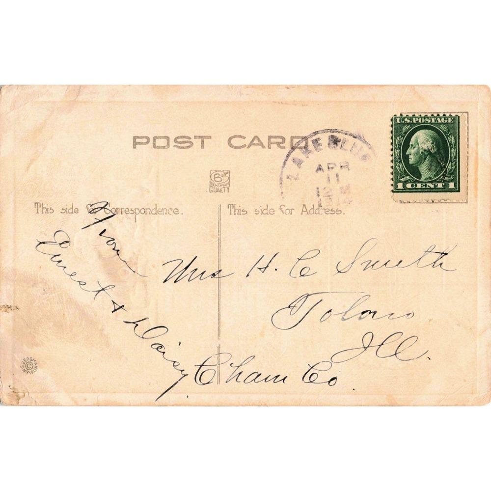 Vintage 1914 Greetings Postcard Woman Writing Letter Tolono IL Postmark 6366 - Picture 2 of 2